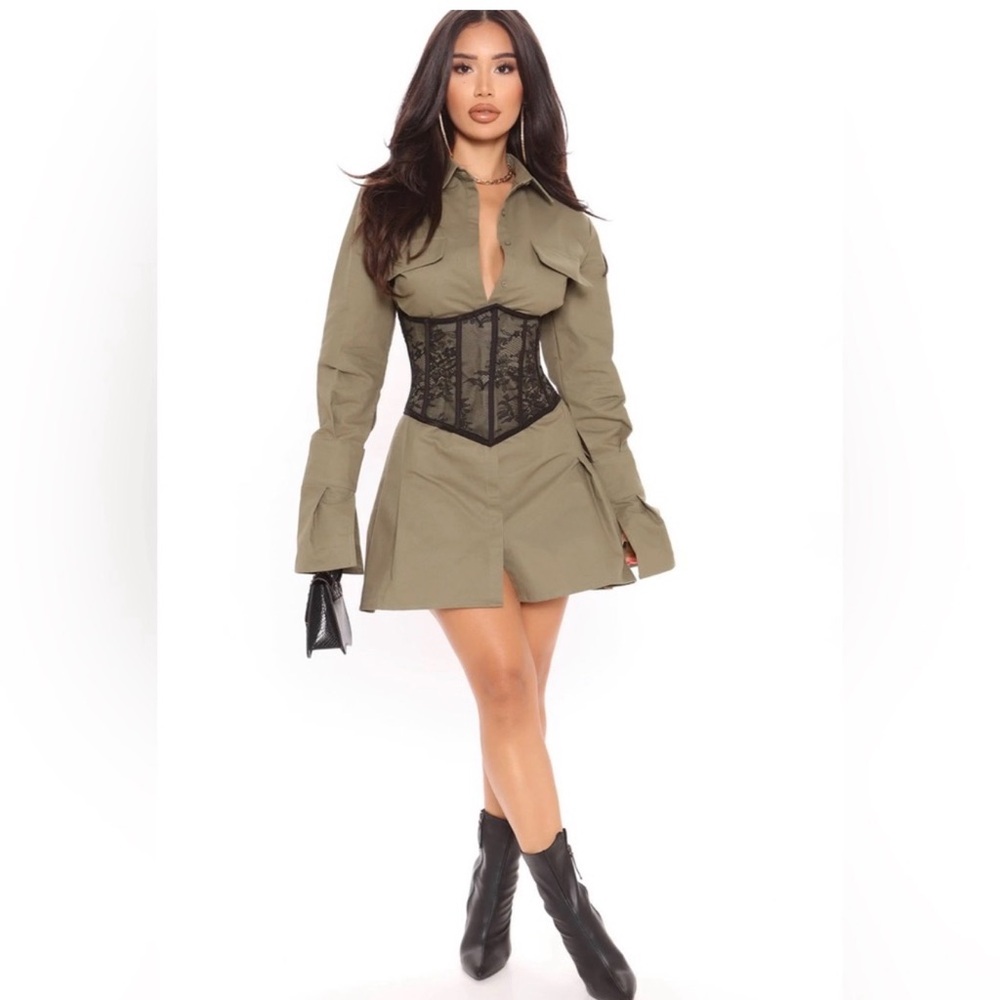 Chic Olive Dress with Black Lace Corset